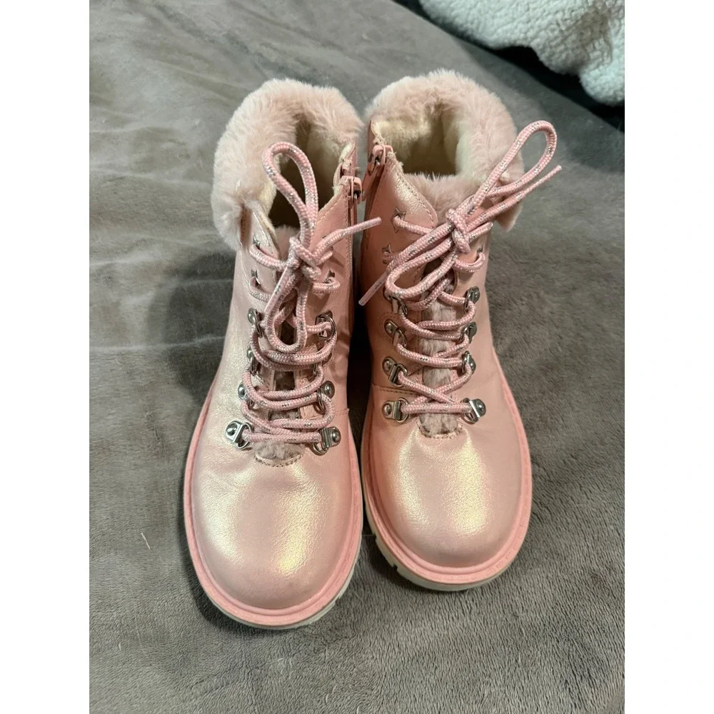 DREAM PAIRS Pink Girl Kid Side Zipper Lace up Faux Fur Ankle Size 2 Warm Sparkle